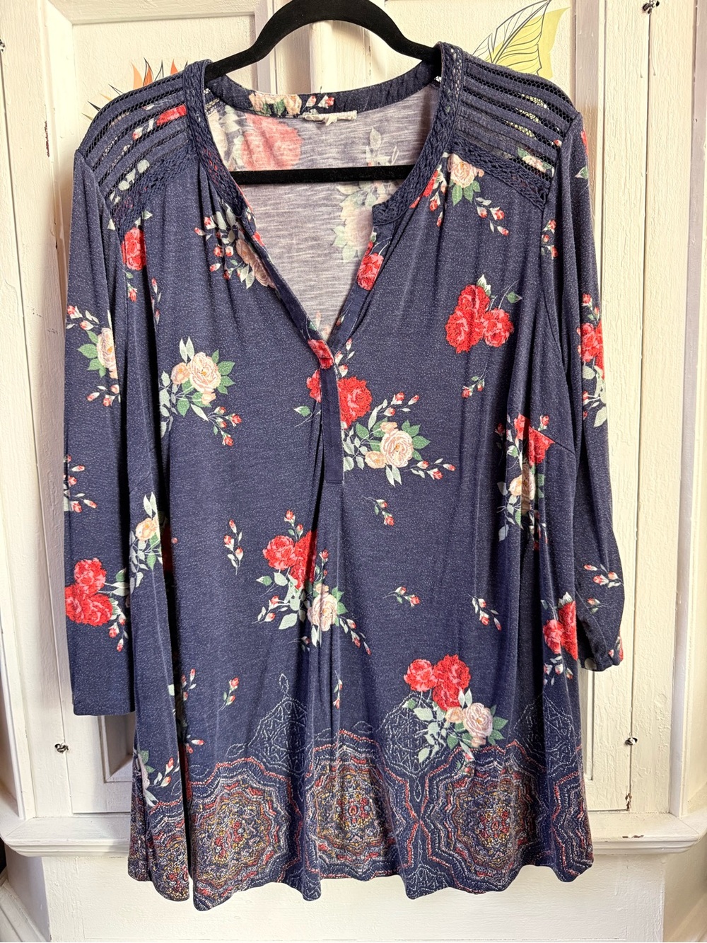 Navy Floral Split-Neck Tunic with Crochet-Style Shoulder Detail